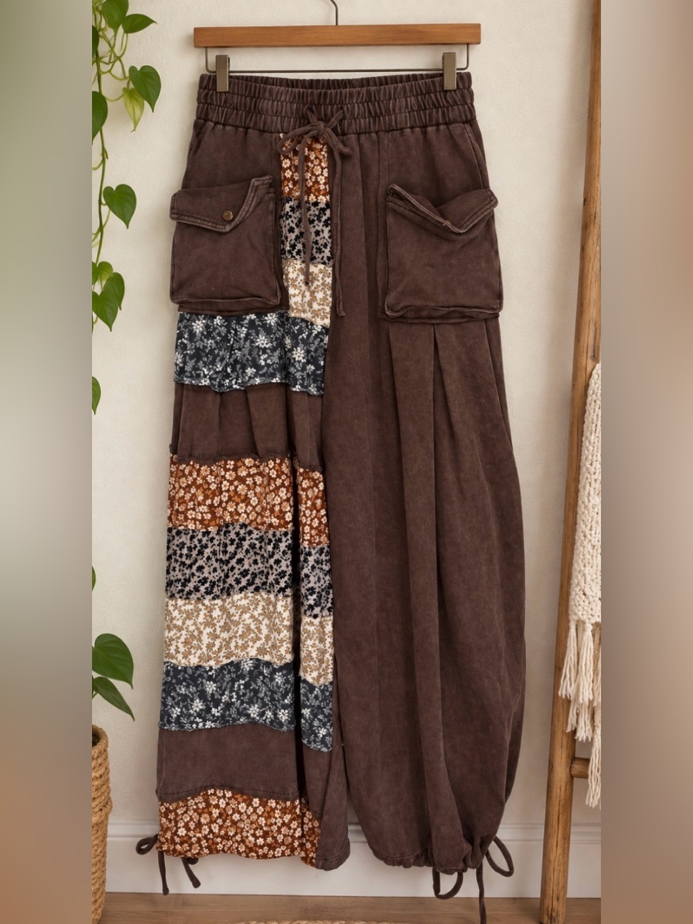 Sage & Fig Brown Boho Patchwork Wide Leg Pants